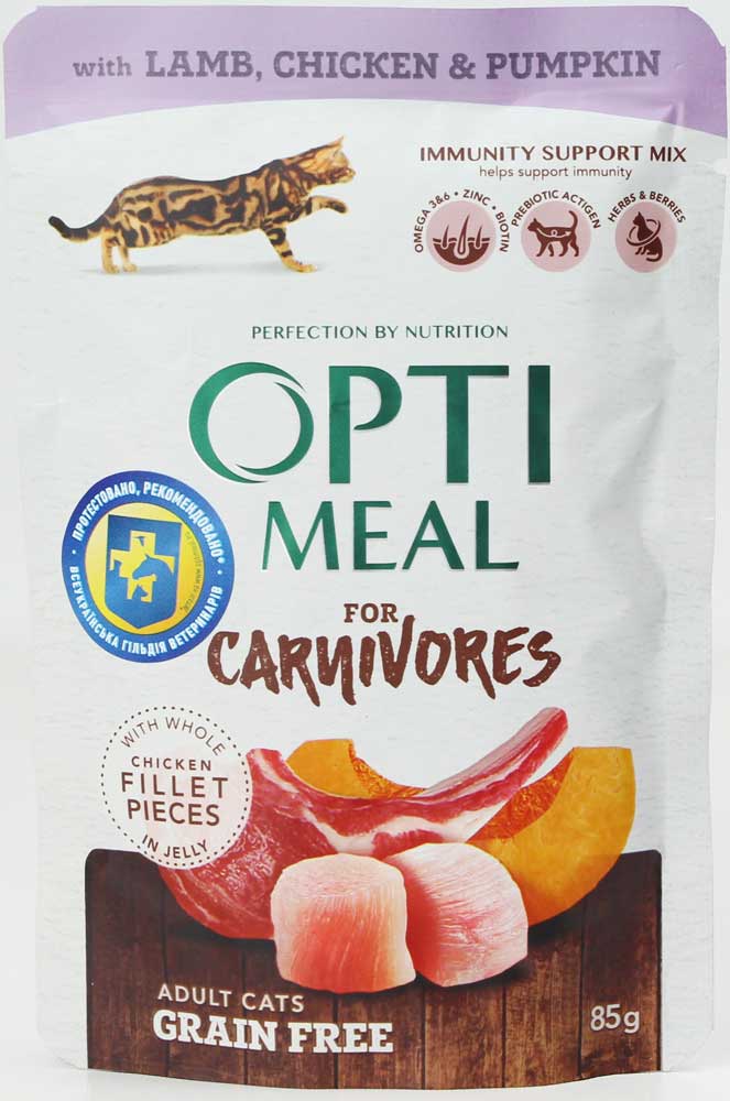 Вологий корм OptiMeal For Carnivores для котів ягня з курячим філе в гарбузовому желе 85г