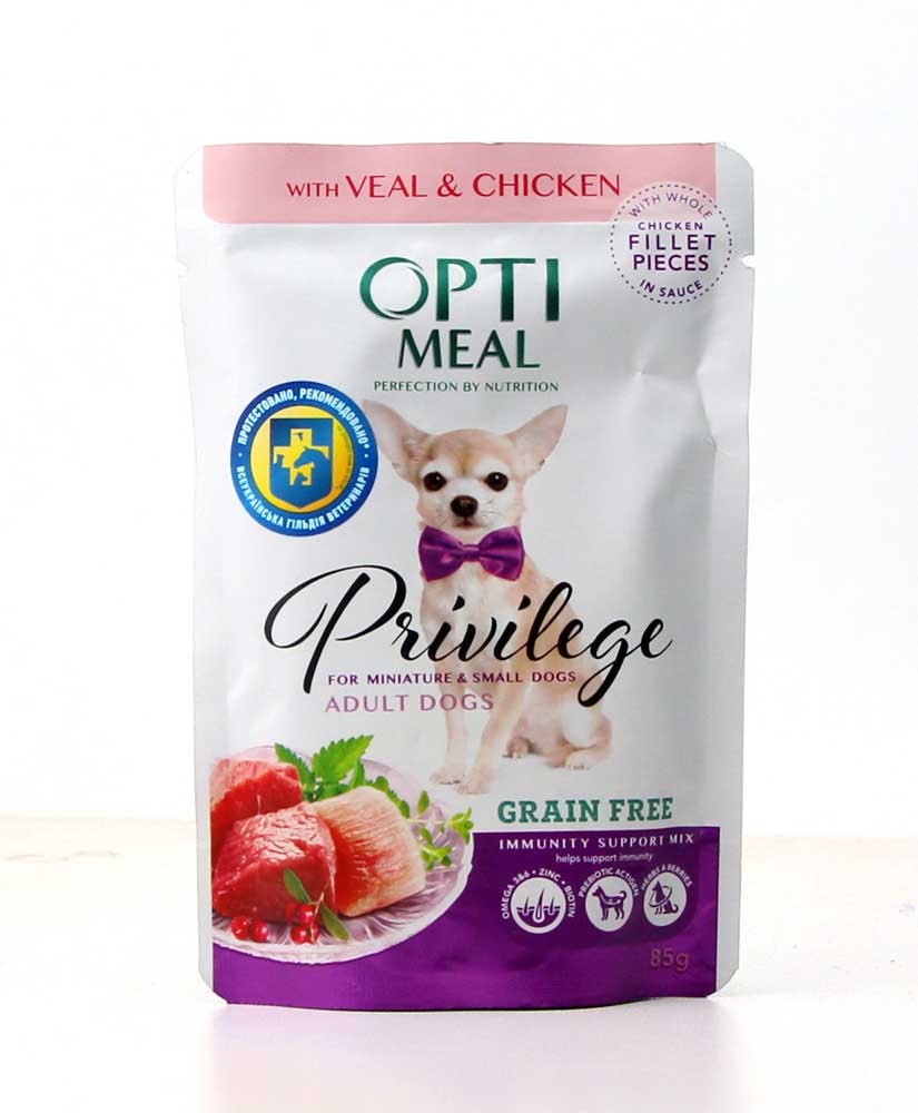 Вологий корм OptiMeal Privilege для собак дрібних порід телятина з курячим філе в соусі 85г