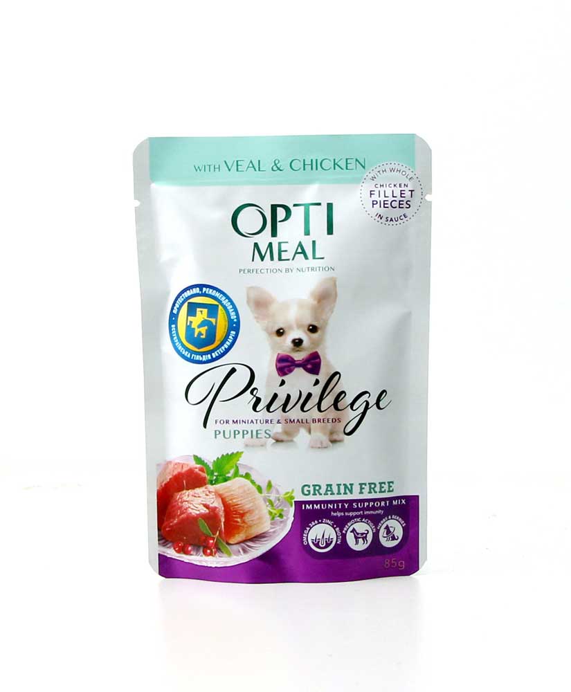 Вологий корм OptiMeal Privilege Puppies для цуценят з телятиною та курячим філе у соусі 85г