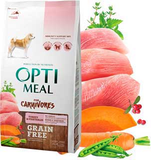 Сухий корм OptiMeal For Carnivores для собак беззерновий індичка з овочами 1,5кг