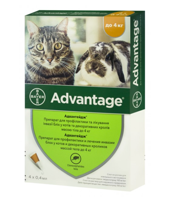Bayer Advantage 40 - краплі Байєр Адвантейдж від бліх для кроликів, кошенят і кішок (вага до 4 кг), одна піпетка