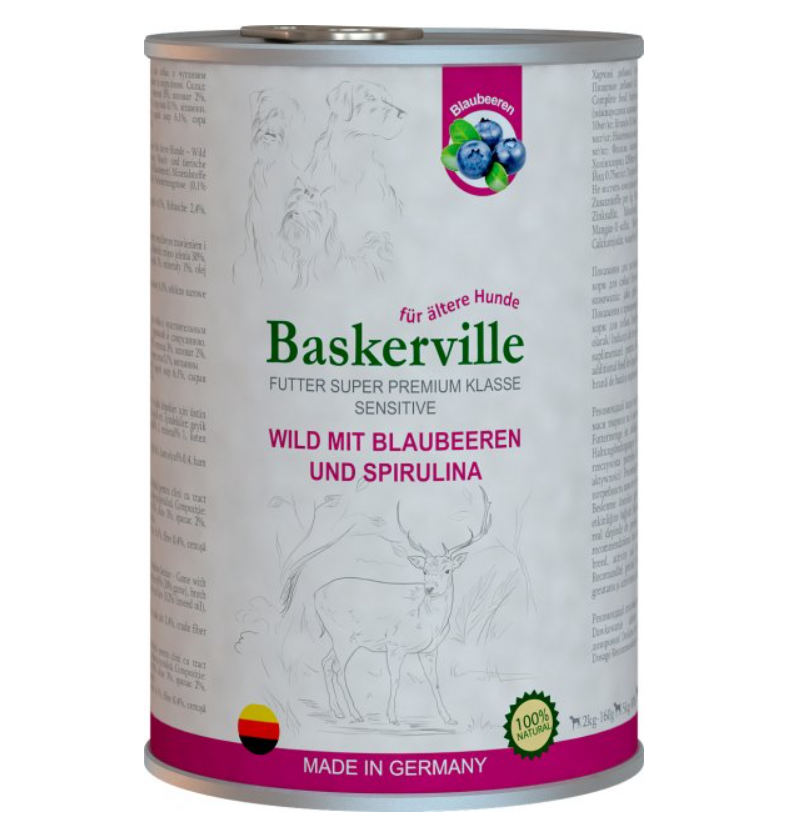 Вологий корм Baskerville Sensitive Wild Mit Blaubeeren und Spirulinaдля собак оленина з чорницею та спіруліною 400 г