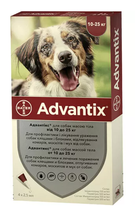 Краплі Bayer Advantix для собак від бліх та кліщів Баєр Адвантікс 2,5 мл на вес 10-25 кг, одна піпетка