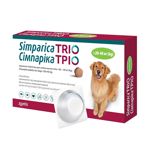 Таблетки Zoetis Simparica TRIO для собак Сімпаріка ТРІО від бліх та кліщів 80мг на вагу 20-40кг, 1табл