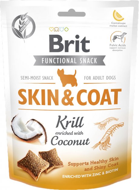 Смаколики Brit Care Dog Skin & Coat для собак кріль з кокосом для кожи та шерсті 150г