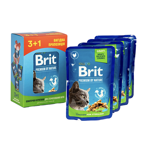 Влажный корм Brit Premium Cat для кошек кусочки с курицей Акция! 3+1