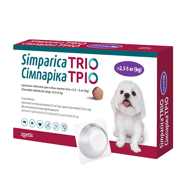 Таблетки Zoetis Simparica TRIO для собак Симпарика ТРИО от блох и клещей 10мг на вес 2,5-5кг, 1табл