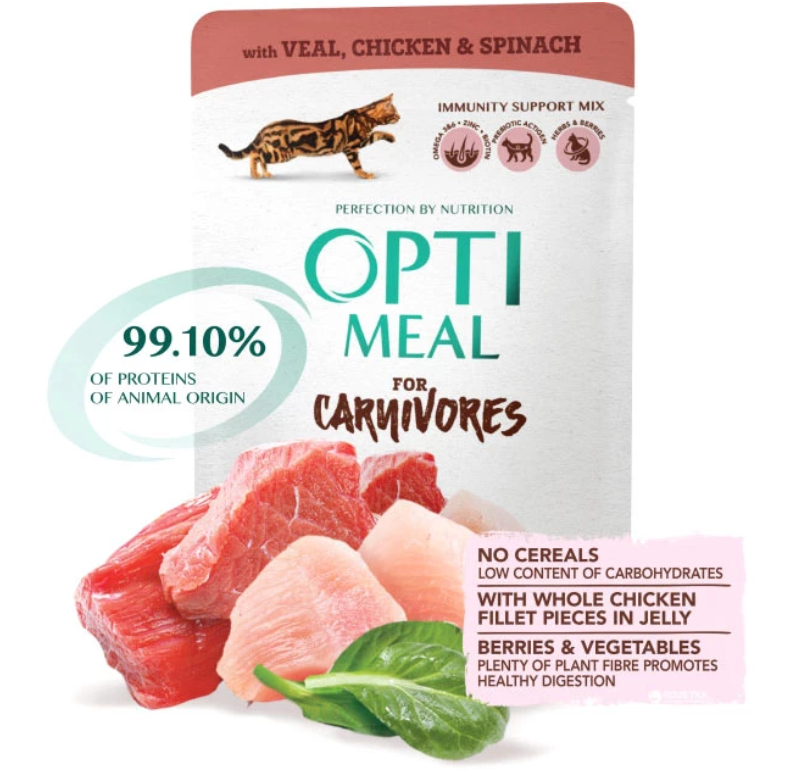 Вологий корм OptiMeal For Carnivores для котів телятина з курячим філе та шпинатом у соусі 85г