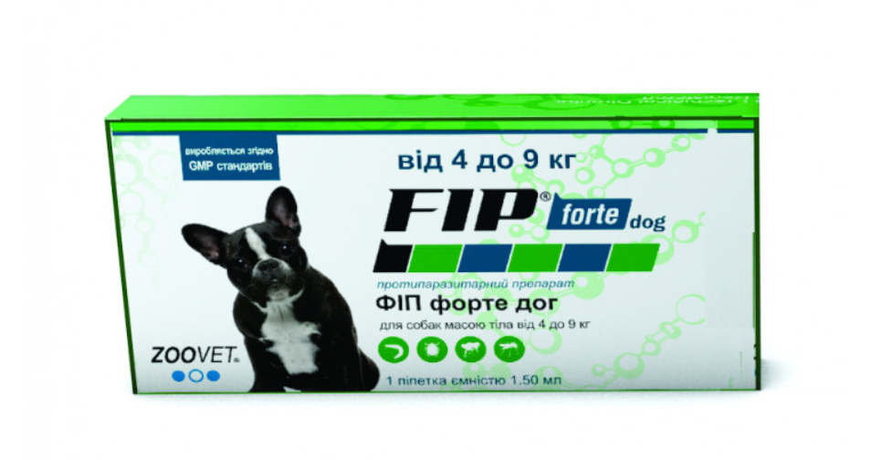 Краплі Zoovet Fip Forte для собак Фіп Форте від бліх та кліщів на вагу 4-9 кг, 1 піпетка