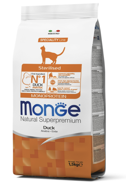 Сухой корм Monge Cat Monoprotein Sterilised для кошек стерилизованных с уткой 1,5кг
