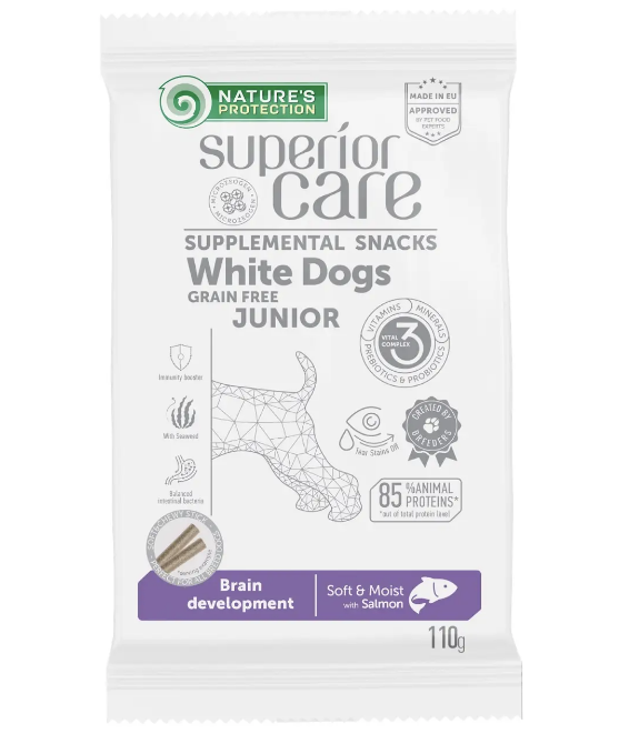 Ласощі Natures Protection Superior Care White Dogs Brain Development для цуценят з білою шерстю з лососем 110г