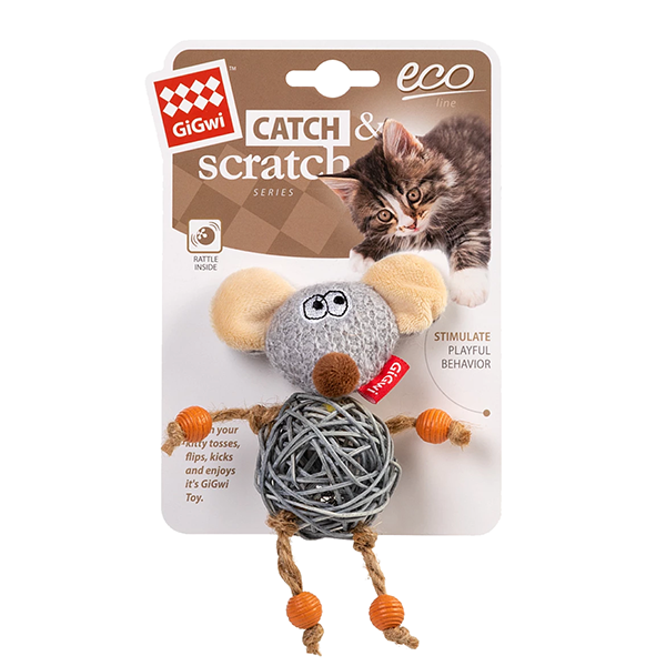 Игрушка GiGwi Catch and scratch для кошек мышка с плетеным мячиком и колокольчиком 8см