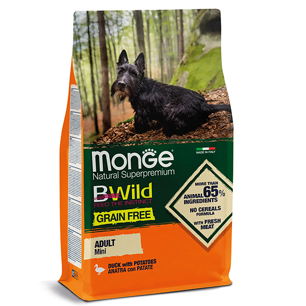 Сухой корм Monge BWild Grain Free Mini Breeds Adult для собак мини пород с уткой 2,5кг