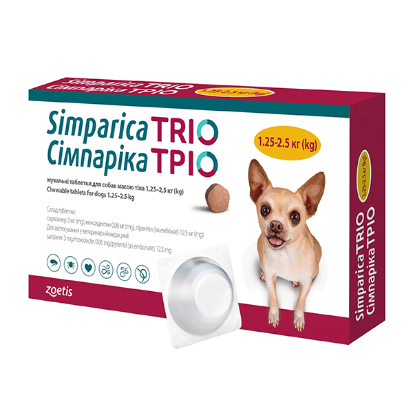 Таблетки Zoetis Simparica TRIO для собак Симпарика ТРИО от блох и клещей 5мг на вес 1,25-2,5кг, 1табл