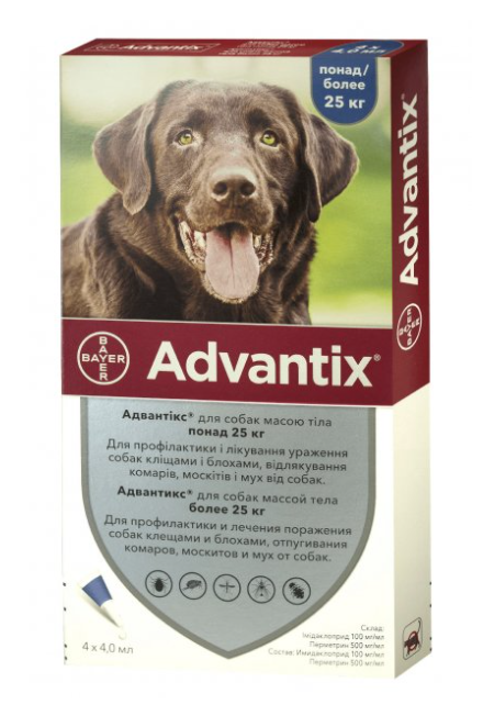 Bayer Advantix - капли от блох и клещей Байер Адвантикс для собак, 4 мл на вес 25-40 кг, одна піпетка