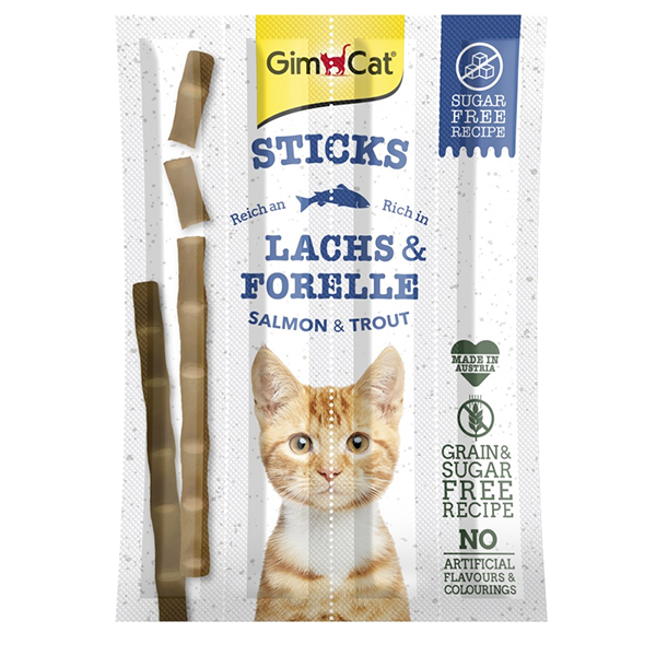 Ласощі GimCat для котів беззернові палички з лососем та тріскою 4шт по 5г