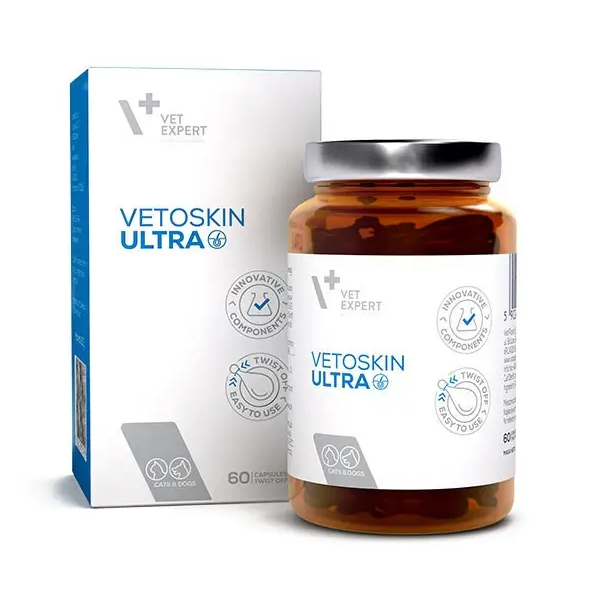 Харчова добавка Vet Expert VetoSkin Ultra для собак та котів Вет Експерт ВетоСкін Ультра для шкіри та шерсті 60капс