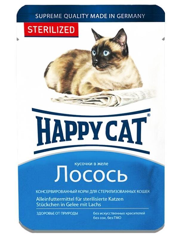 Вологий корм Happy Cat для котів стерилізованих з лососем шматочки в желе 100г