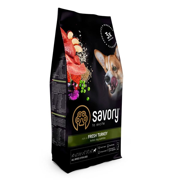 Сухой корм Savory All Breed Turkey для стерилизованных собак всех пород со свежей индейкой 12кг