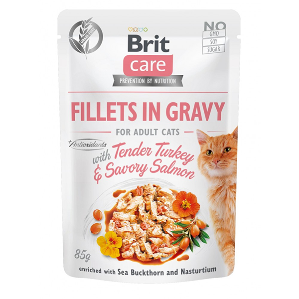 Влажный корм Brit Care Cat Pouch Fillets Turkey and Salmon in Gravy для кошек филе с индейкой и лососем в соусе 85г