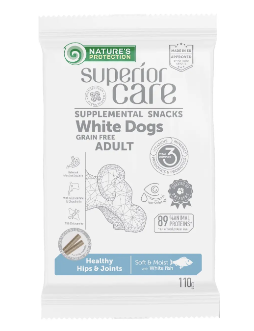 Ласощі Natures Protection Superior Care White Dogs Healthy hips and joints для собак з білою шерстю з білою рибою 110г