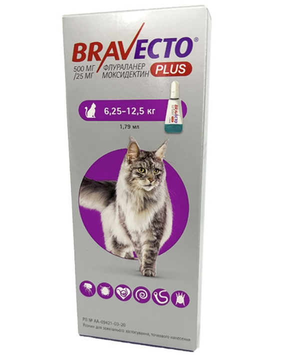 Краплі Bravecto Plus - для котів Бравекто Плюс від глистів, бліх та кліщів 6,25-12,5кг