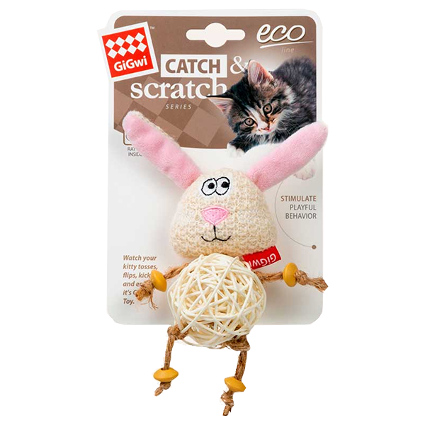 Іграшка GiGwi Catch and scratch для котів зайчик з плетеним м'ячиком та дзвіночком 10см