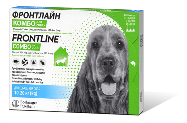 Краплі Boehringer Ingelheim FrontLine Combo для собак захист від бліх та кліщів Фронтлайн Комбо на вагу 10-20кг 1піпетка