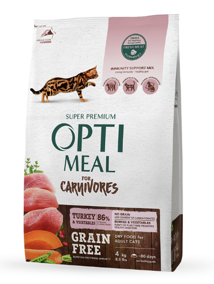 Сухой корм OptiMeal For Carnivores для кошек беззерновой с индейкой и овощами 4кг