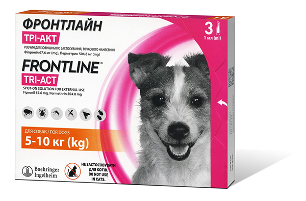 Краплі Boehringer Ingelheim FrontLine Tri-Act для собак Фронтлайн Три-Акт від комах, бліх та кліщів на вагу 5-10кг 1 піпетка