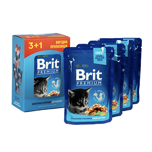 Влажный корм Brit Premium Kitten для котят кусочки с курицей Акция! 3+1