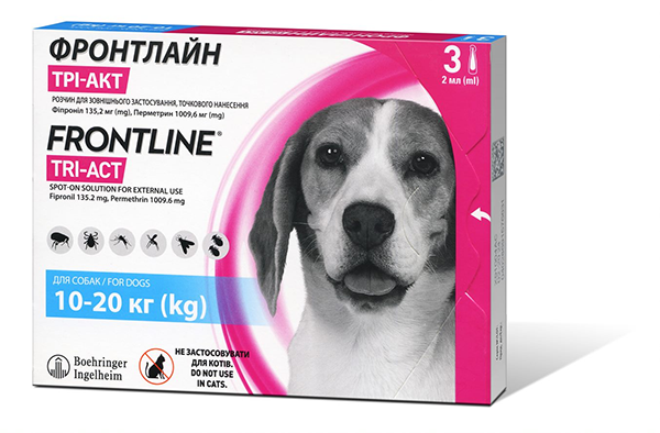 Краплі Boehringer Ingelheim FrontLine Tri-Act для собак Фронтлайн Три-Акт від комах, бліх та кліщів на вагу 10-20кг 1 піпетка