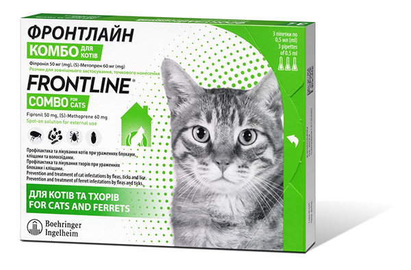 Краплі Boehringer Ingelheim FrontLine Combo Cat для котів від кліщів та бліх Фронтлайн Комбо на вагу до 7 кг 1піпетка