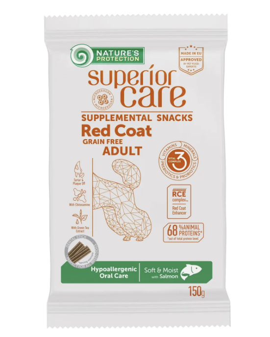Ласощі Natures Protection Superior Care Red Coat Hypoallergenic Oral Care для собак з рудим окрасом шерсті з лососем 150г