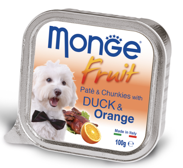 Вологий корм Monge Dog Fruit для собак паштет з качкою та апельсином 100г