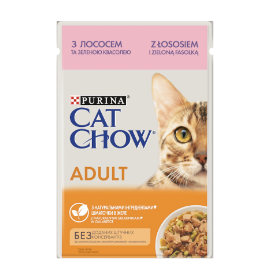 Вологий корм Cat Chow для котів з лососем та зеленою квасолею в желе 85г