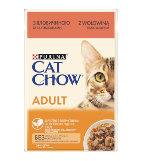 Вологий корм Cat Chow для котів з яловичиною та баклажанами в желе 85г
