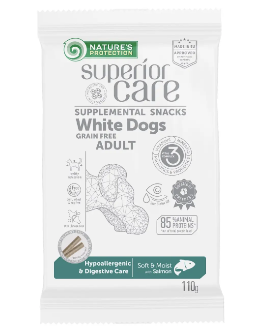 Ласощі Natures Protection Superior Care White Dogs Hypoallergenic and Digestive Care для собак з білою шерстю з лососем 110г