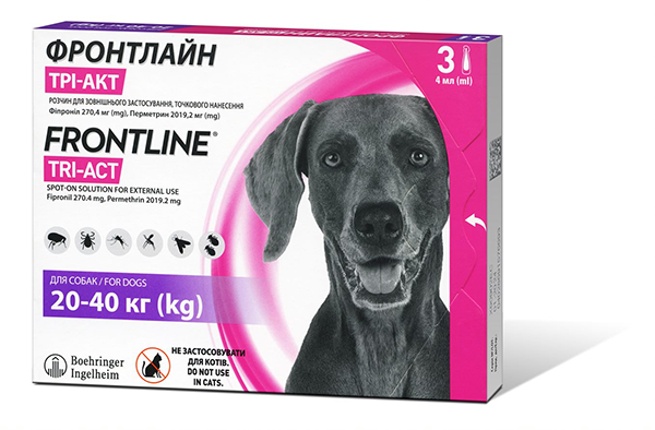 Краплі Boehringer Ingelheim FrontLine Tri-Act для собак Фронтлайн Три-Акт від комах, бліх та кліщів на вагу 20-40кг 1 піпетка