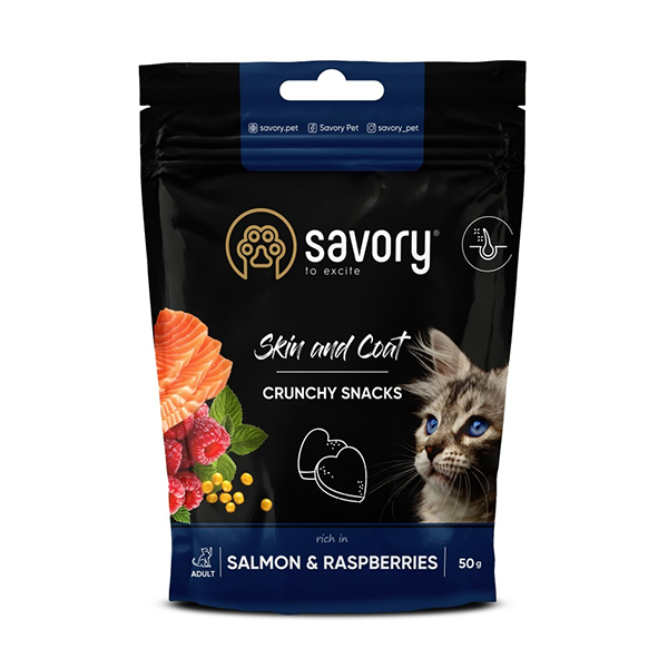 Ласощі Savory Cats Soft Snacks Skin and Coat для котів для здоров'я шкіри та шерсті лосось та малина 50г