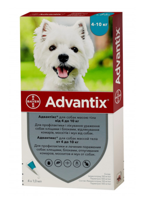 Краплі Bayer Advantix для собак від бліх та кліщів Баєр Адвантікс 1 мл на вагу 4-10 кг, одна піпетка