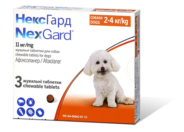Таблетки Boehringer Ingelheim NexGard для собак НексГард проти бліх та кліщів на вагу 2-4кг, 1 табл