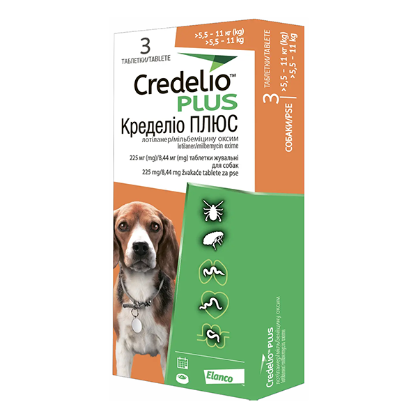 Таблетка Elanco Credelio Plus для собак Еланко Кределіо Плюс від паразитів на вагу 5,5-11кг 1таблетка
