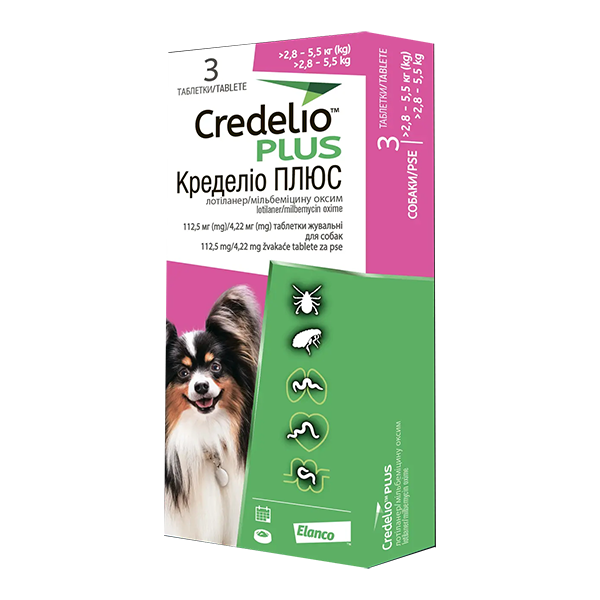 Таблетка Elanco Credelio Plus для собак Еланко Кределіо Плюс від паразитів на вагу 2,8-5,5кг 1таблетка