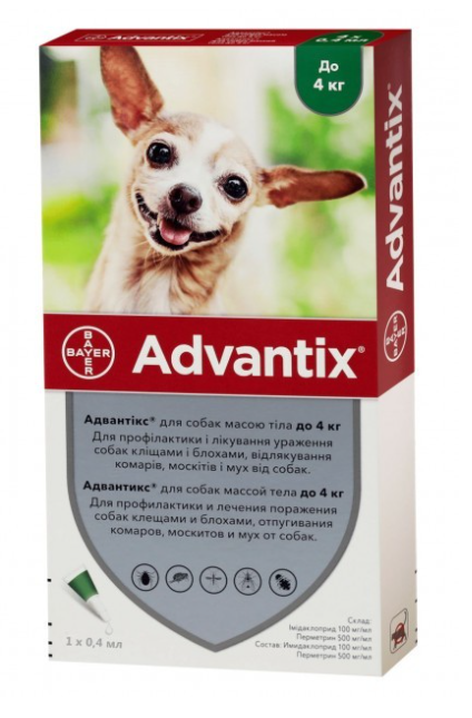 Bayer Advantix - капли от блох и клещей Байер Адвантикс для собак, 0,4 мл на вес до 4 кг, одна піпетка