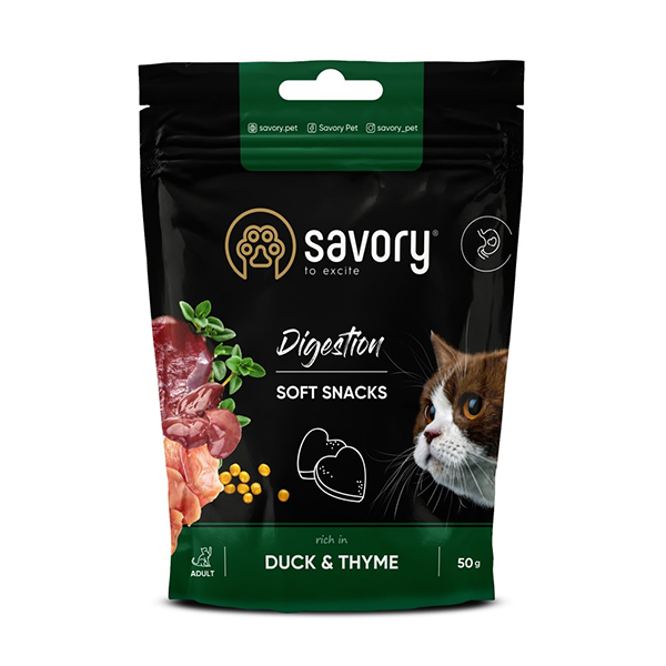 Ласощі Savory Cats Soft Snacks Digestion для котів для покращення травлення качка та чебрець 50г