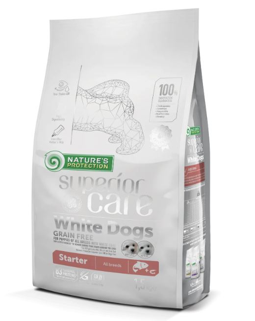 Сухий корм Natures Protection Superior Care White Dogs Grain Free Starter All Breeds для цуценят (стартер) всіх порід з білим забарвленням шерсті 1,5кг