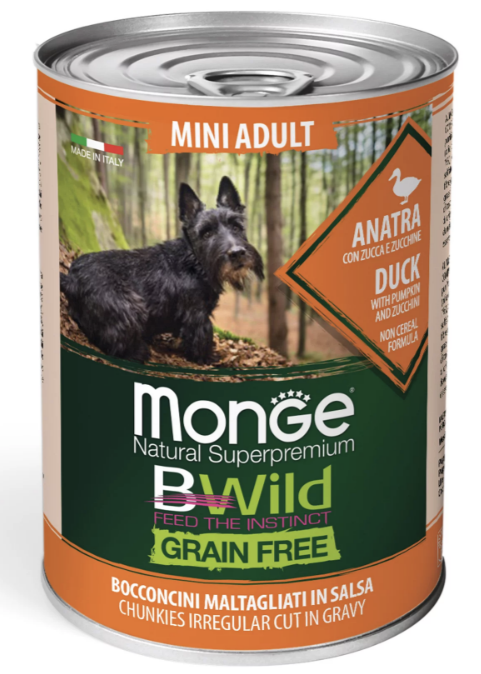 Вологий корм Monge Dog BWild Mini Adult для собак качка, гарбуз, цукіні 400г