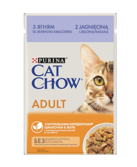 Вологий корм Cat Chow для котів з ягням та зеленою квасолею в желе 85г